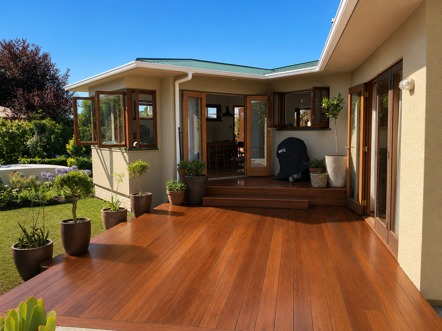 Completed timber deck connecting an addition to an established home