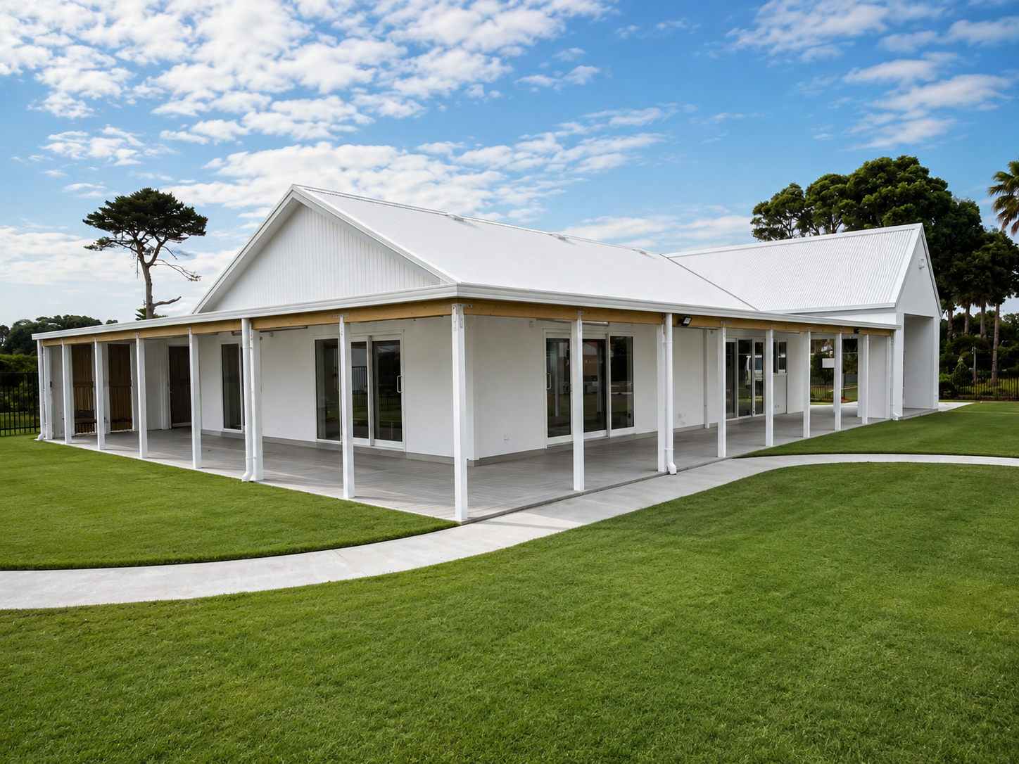 Completed white play centre building with a covered veranda